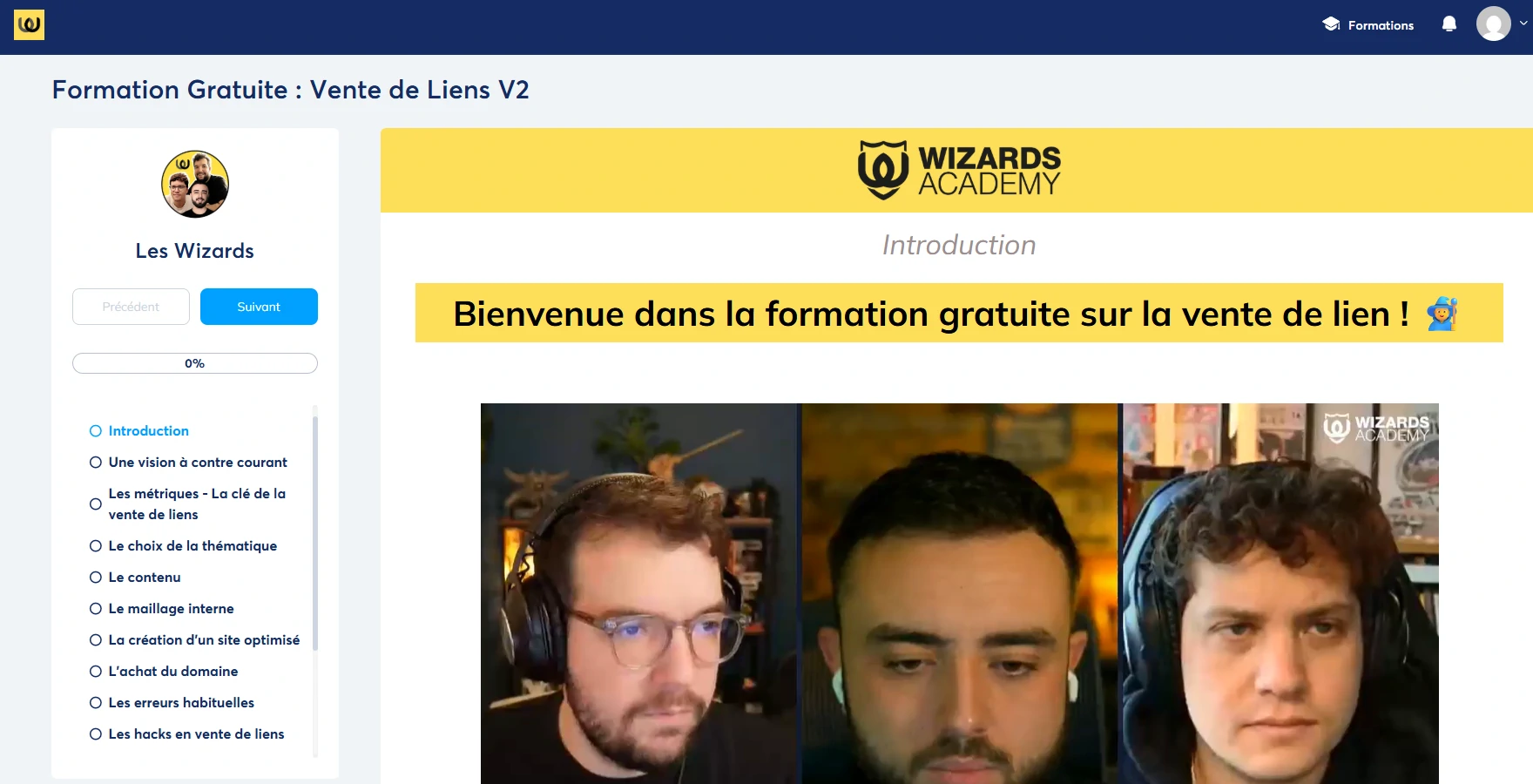 Capture d’écran de la formation YouTube des Wizards sur la vente de liens