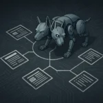 Illustration d’un chien robot à trois têtes explorant un cocon sémantique dessiné sur un circuit imprimé, symbolisant l’analyse IA du SEO moderne