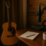 Espace de création d’un musicien indépendant avec carnet, guitare et micro – ambiance backstage
