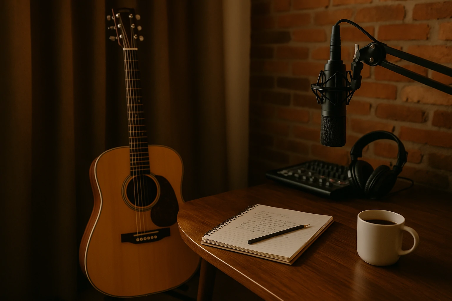 Espace de création d’un musicien indépendant avec carnet, guitare et micro – ambiance backstage