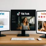 Bureau moderne avec trois écrans affichant MYM, TikTok et Instagram côte à côte