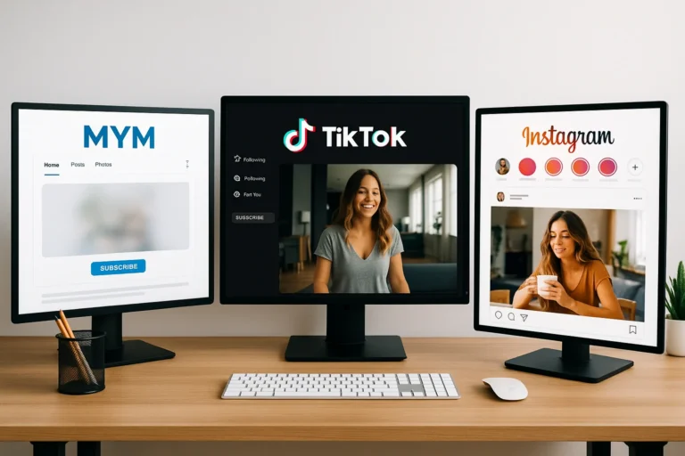 Bureau moderne avec trois écrans affichant MYM, TikTok et Instagram côte à côte