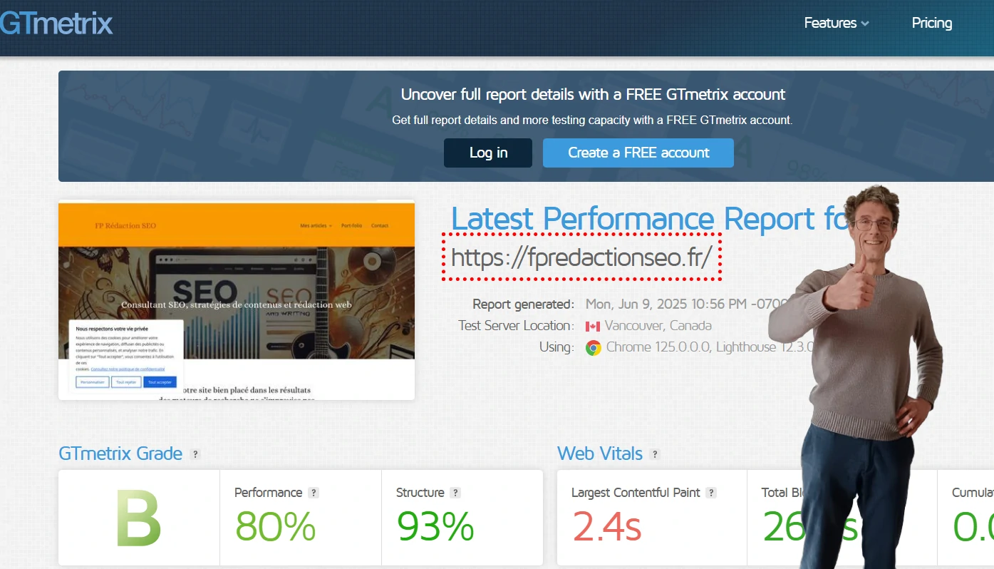 Interface de l'outil en ligne GTmetrix