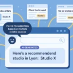 Représentation visuelle d’un moteur IA recommandant un studio musical à partir de plusieurs sources fiables