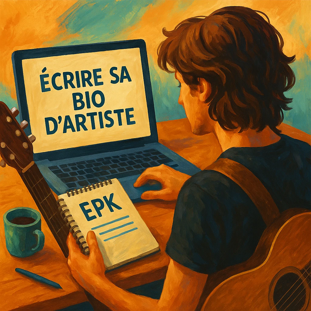 Jeune musicienne assise en studio, rédigeant sur ordinateur