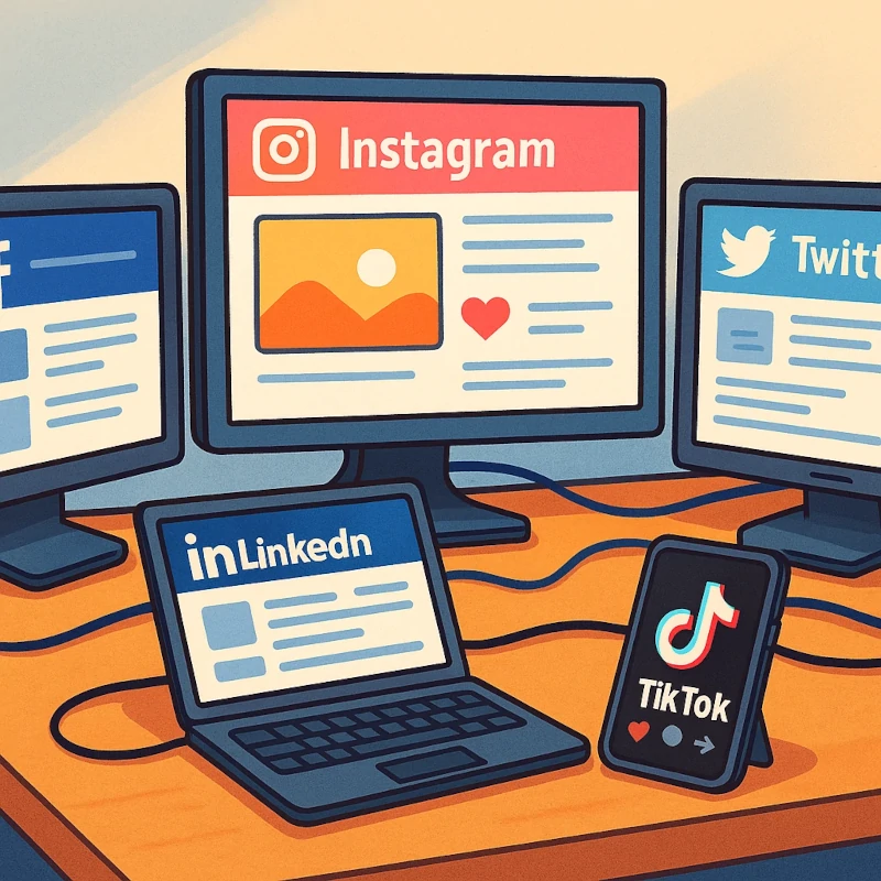 Illustration cartoon montrant un setup de community manager avec plusieurs écrans affichant Instagram, LinkedIn, TikTok, Twitter et Facebook
