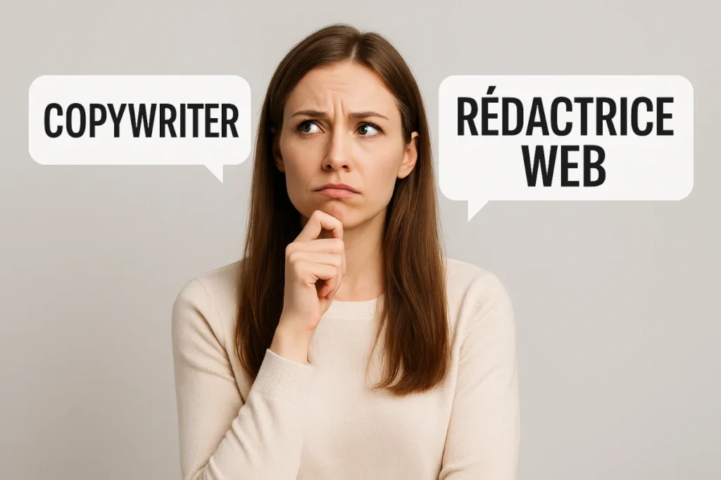 Jeune femme en pleine réflexion, hésitant entre les métiers de copywriter et de rédactrice web, illustrée par deux bulles de dialogue opposées