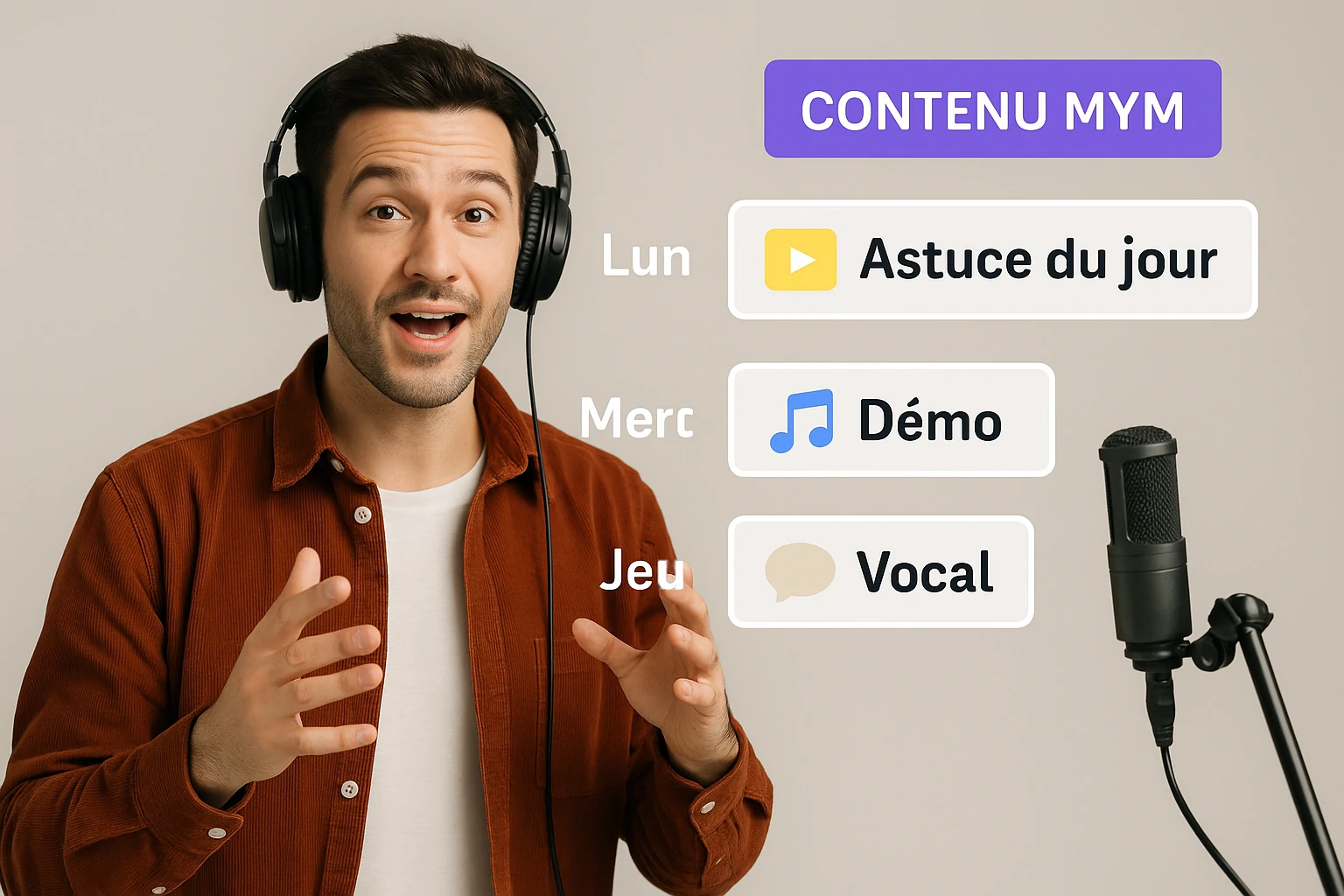 Professeur de chant face caméra présentant un calendrier éditorial MYM avec astuces, démos et vocaux