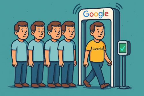 Un homme en t-shirt "Canonical" passe un portique Google, tandis que ses clones restent bloqués derrière lui