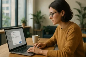 Un freelance publie un post LinkedIn depuis un laptop dans un coworking