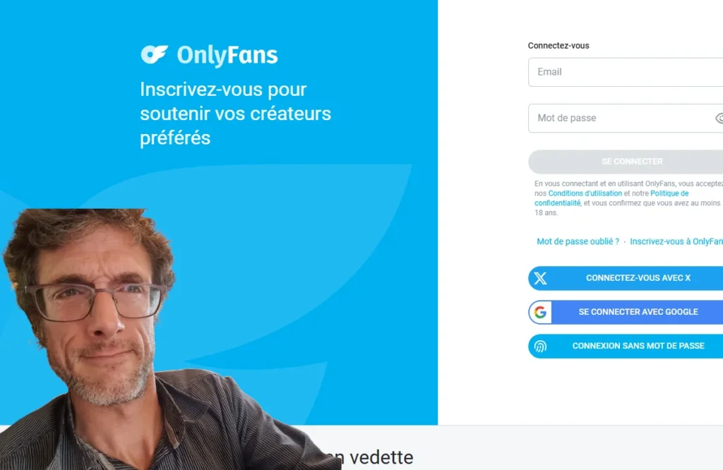 Capture d’écran de la page d’accueil d’OnlyFans montrant l’inscription et l’appel aux créateurs