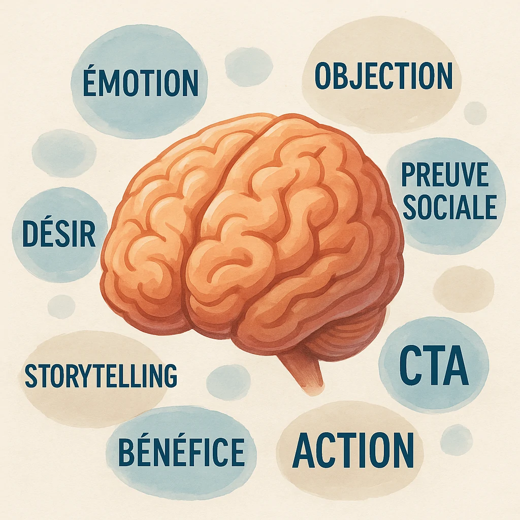 Illustration d’un cerveau stylisé entouré de concepts clés du copywriting persuasif comme émotion, bénéfice, storytelling et CTA