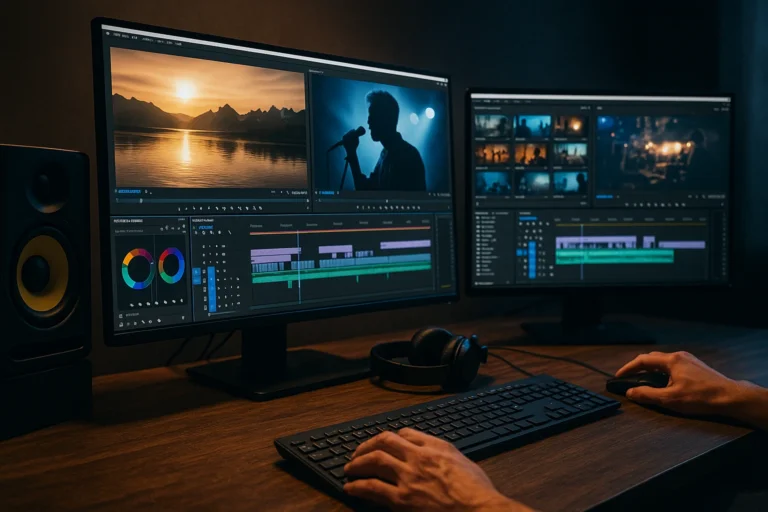 Poste de travail d’un monteur vidéo avec deux écrans, casque audio et timeline affichée