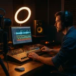 Studio d’enregistrement avec lumière tamisée, caméra, anneau LED et ingénieur du son en pleine session de production de contenu