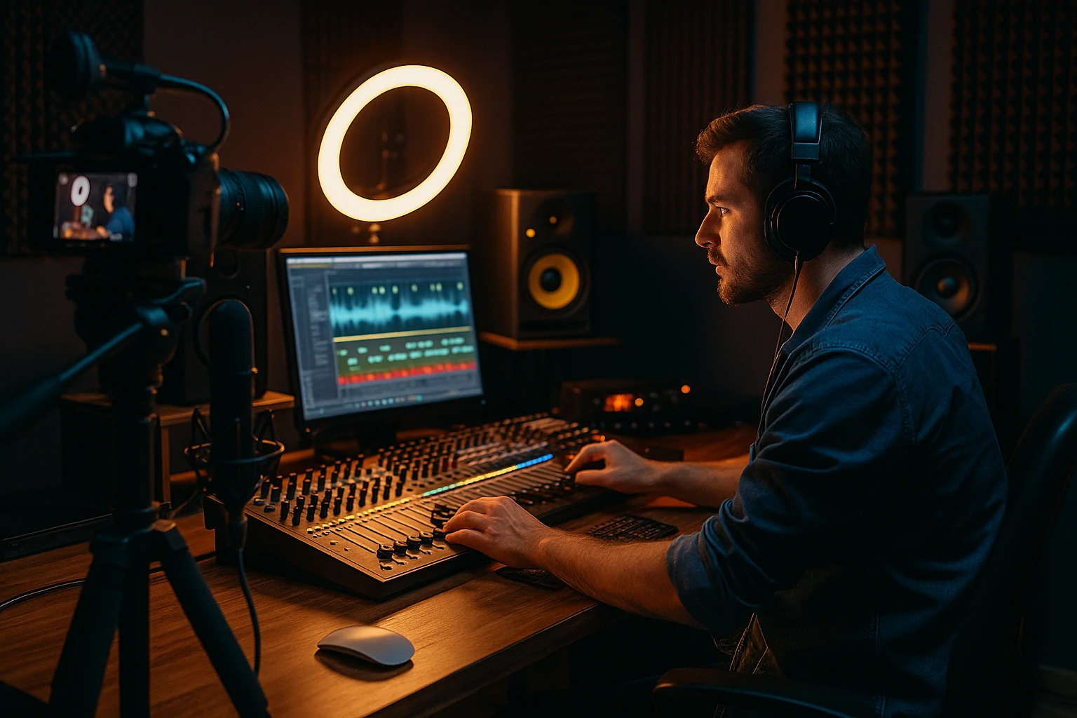 Studio d’enregistrement avec lumière tamisée, caméra, anneau LED et ingénieur du son en pleine session de production de contenu