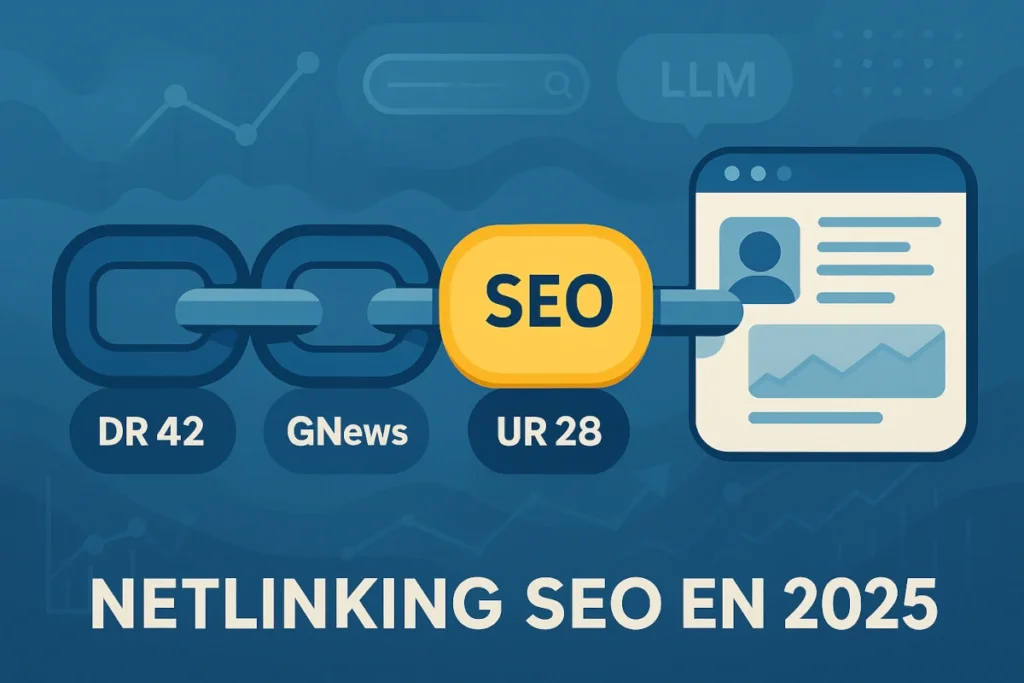 Chaîne de liens stylisés reliés à un site web, symbolisant le netlinking SEO en 2025
