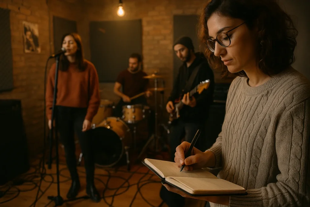 Pitch Spotify : Une copywriter prend des notes pendant qu’un groupe répète dans un local de musique