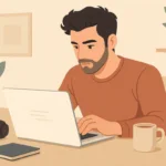 Créateur indépendant concentré sur son ordinateur en train de rédiger un post