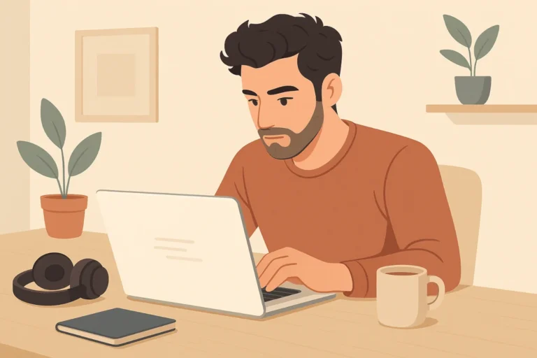 Créateur indépendant concentré sur son ordinateur en train de rédiger un post