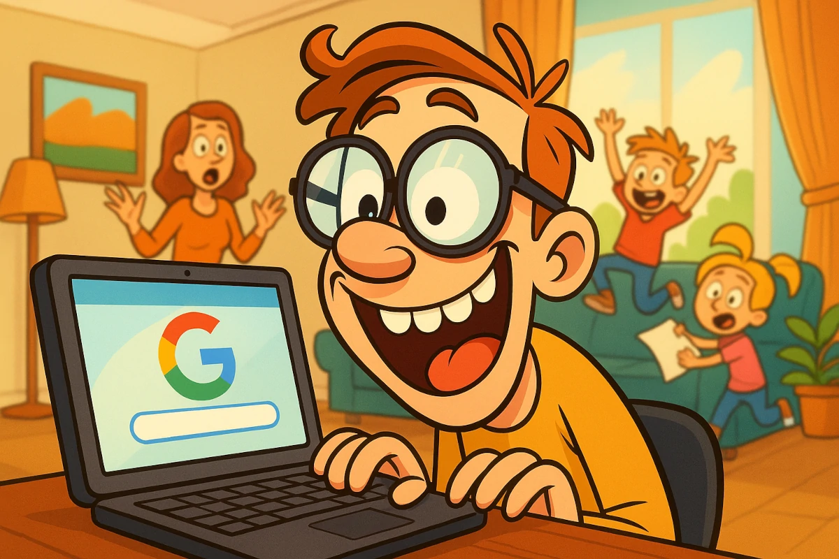 Homme cartoon ahuri devant son ordinateur en train de faire une recherche sur Google, avec une scène de chaos familial en arrière-plan