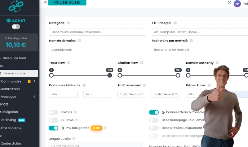 Interface de Linkavista pour la recherche de spots