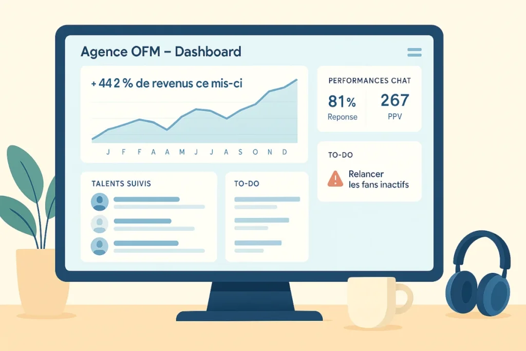 Tableau de bord type d’une agence OFM avec revenus, talents et messages privés