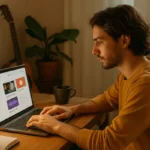 Musicien indépendant créant du contenu premium sur ordinateur portable