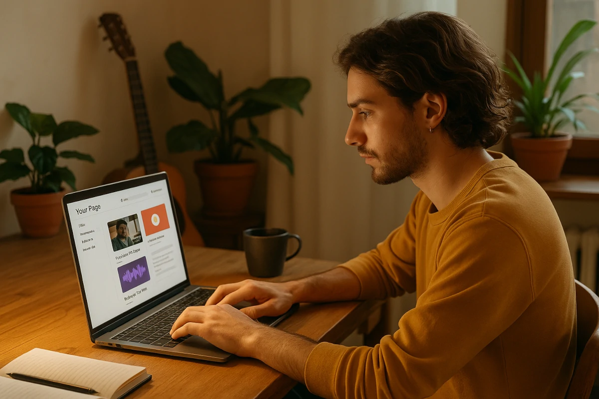 Musicien indépendant créant du contenu premium sur ordinateur portable