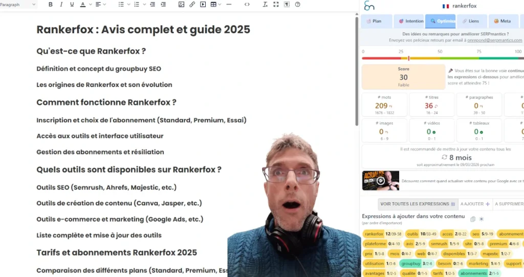 Exemple de plan d’article généré par SERPmantics selon l’intention de recherche