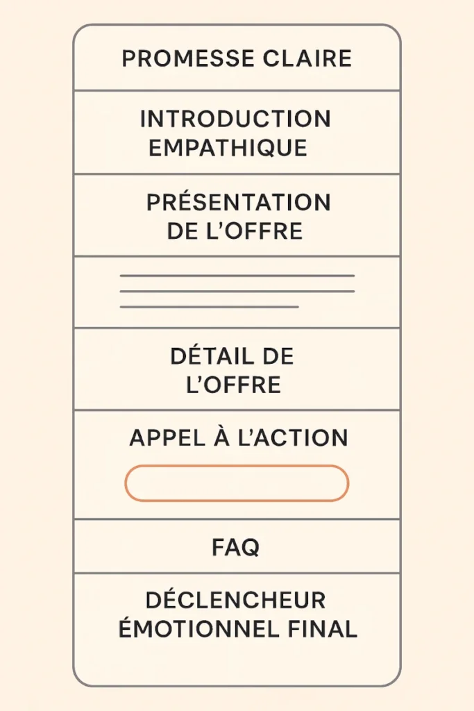 Schéma d’une page de vente structurée en 8 blocs