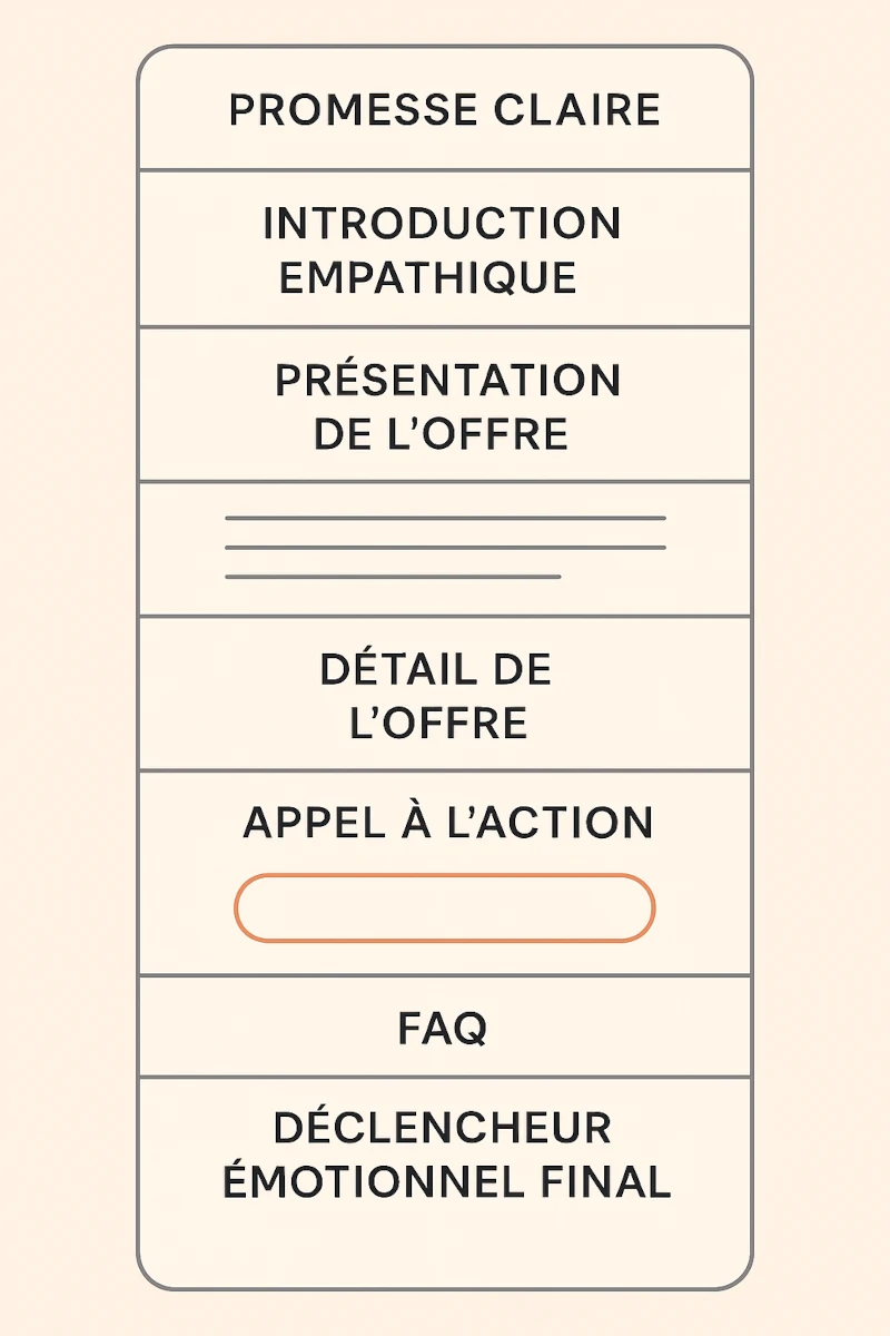 Schéma d’une page de vente structurée en 8 blocs