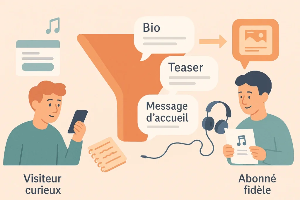 Illustration d’un tunnel de conversion artistique, du premier contact au soutien abonné
