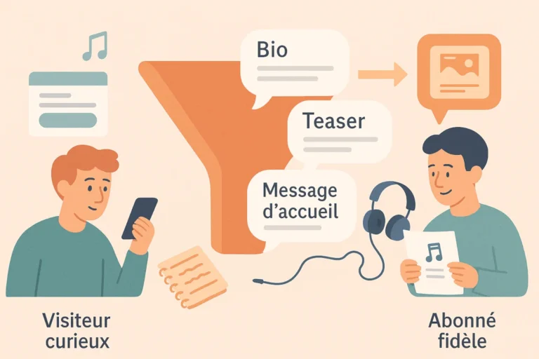 Illustration d’un tunnel de conversion artistique, du premier contact au soutien abonné