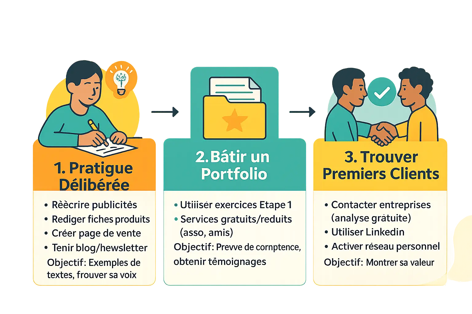 Illustration du processus de passage d'une formation gratuite à un revenu concret en copywriting