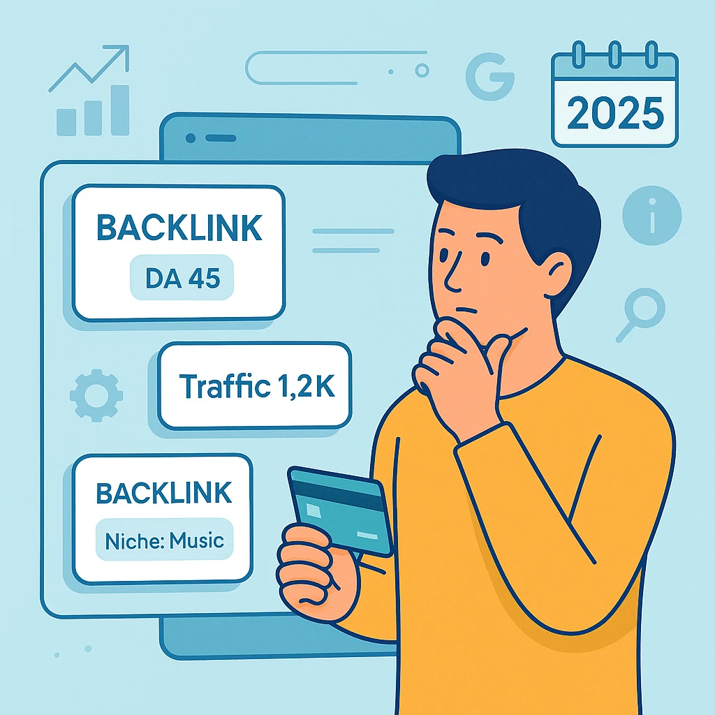 Illustration d’un acheteur qui choisit parmi plusieurs backlinks étiquetés, sur une interface numérique