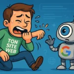 Illustration humoristique d’un site qui s’auto-sabote pendant que Googlebot l’observe avec incompréhension