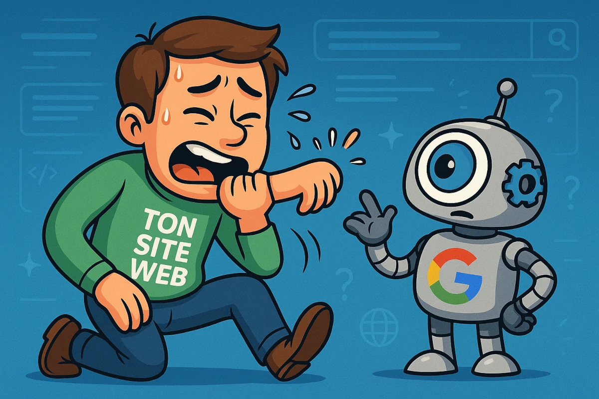 Illustration humoristique d’un site qui s’auto-sabote pendant que Googlebot l’observe avec incompréhension