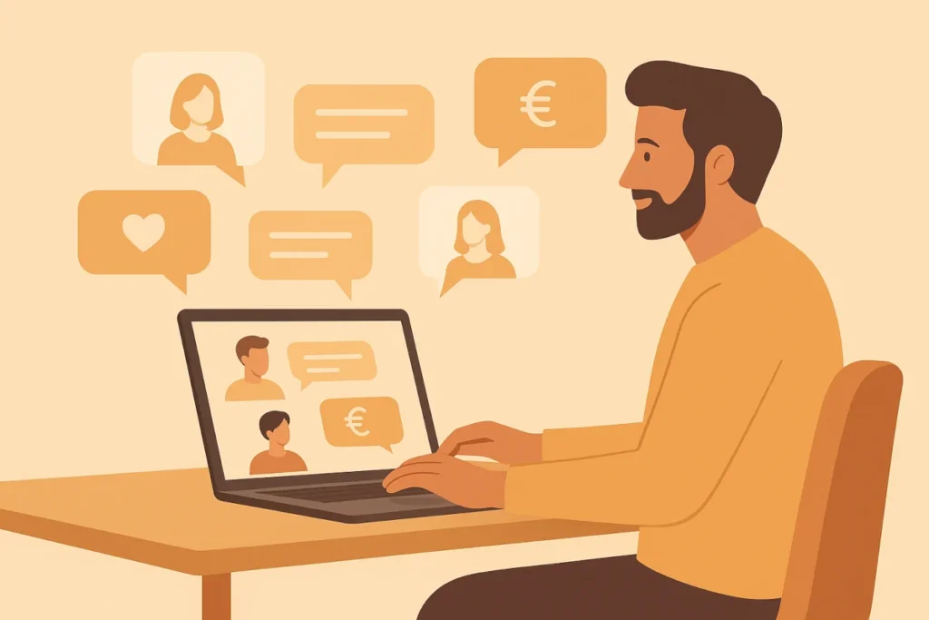 Créateur indépendant échangeant avec plusieurs fans ou élèves via des conversations privées en ligne