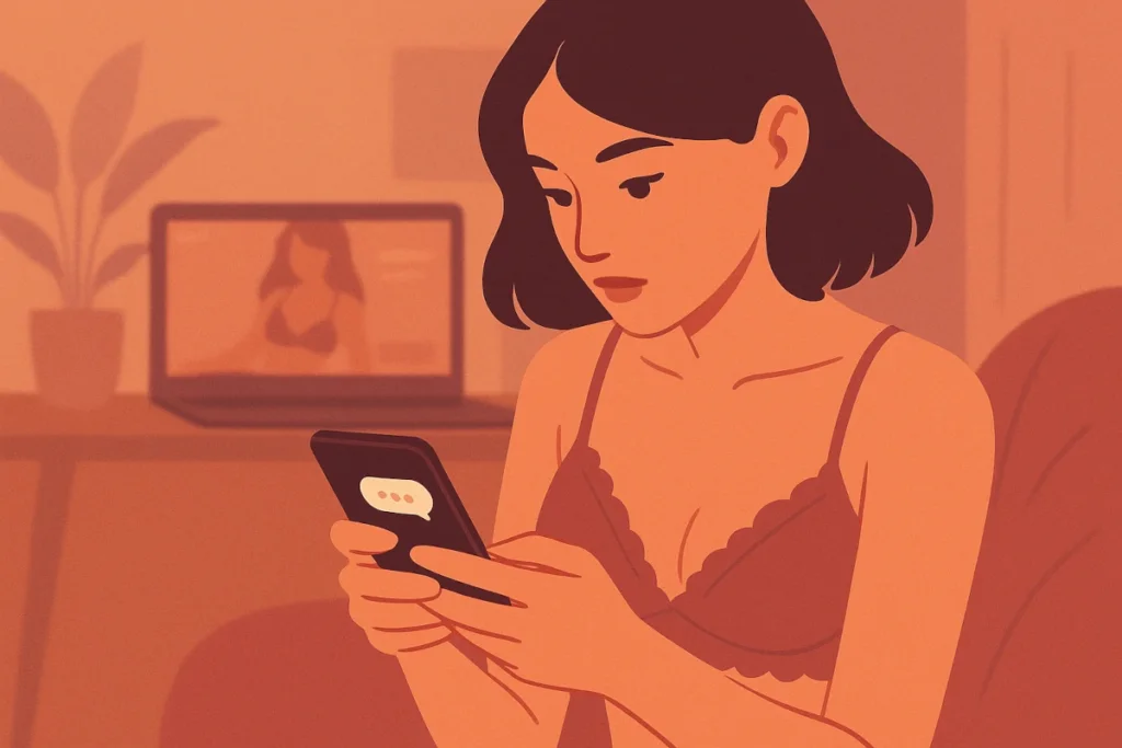 Créatrice OnlyFans rédigeant un message sur son téléphone, fond flouté de contenu