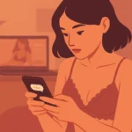 Créatrice OnlyFans rédigeant un message sur son téléphone, fond flouté de contenu