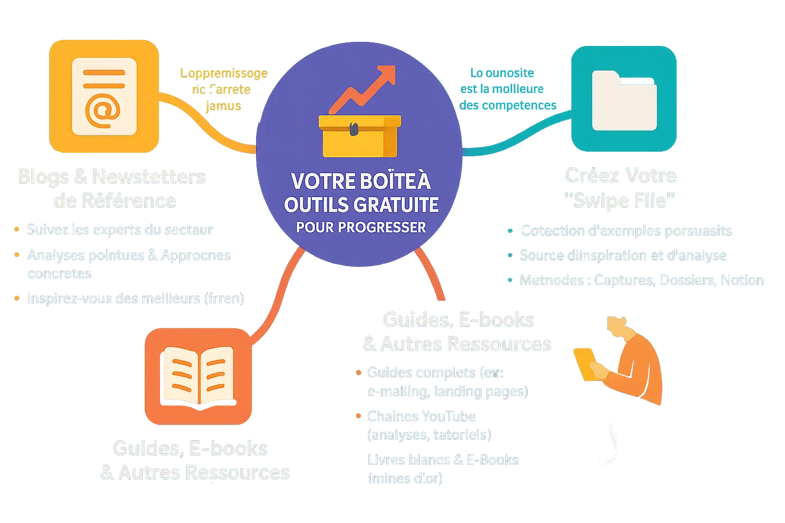 Illustration d'une bibliothèque digitale de ressources gratuites pour apprendre le copywriting