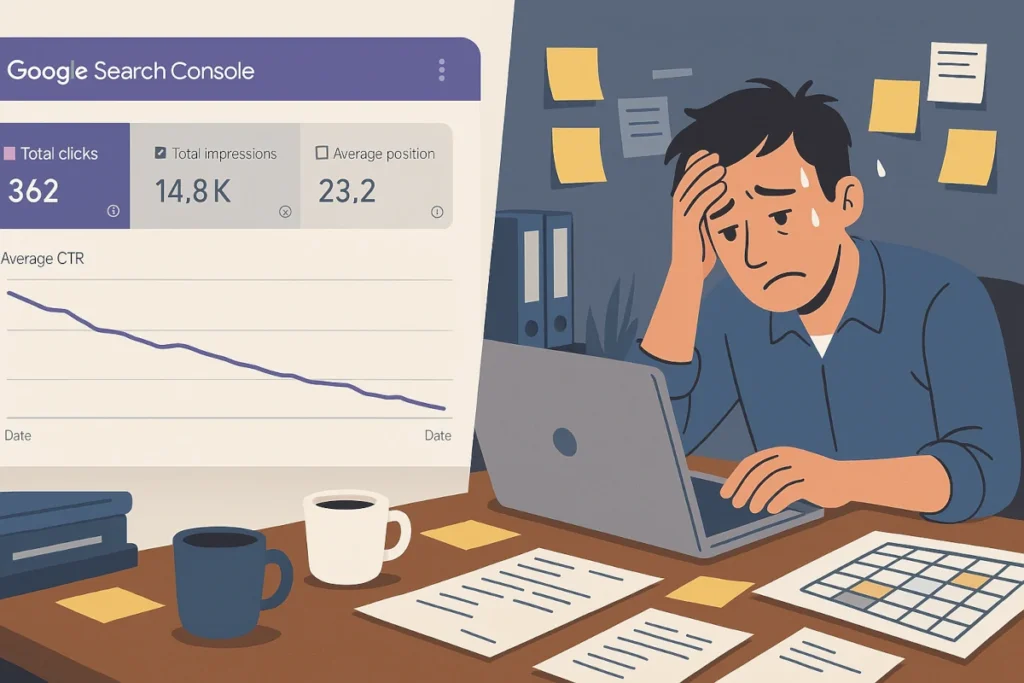 Entrepreneur débordé devant un tableau de bord Google Search Console affichant une chute de trafic