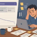 Entrepreneur débordé devant un tableau de bord Google Search Console affichant une chute de trafic