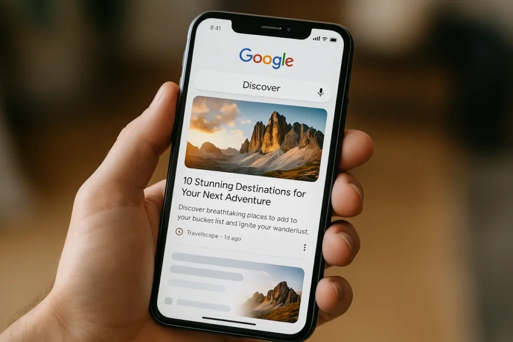 Flux Discover sur mobile avec article SEO mis en avant