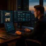 Manager OnlyFans Management haut de gamme travaillant sur deux écrans incurvés et un ordinateur portable dans un bureau moderne avec vue panoramique sur la ville au coucher du soleil