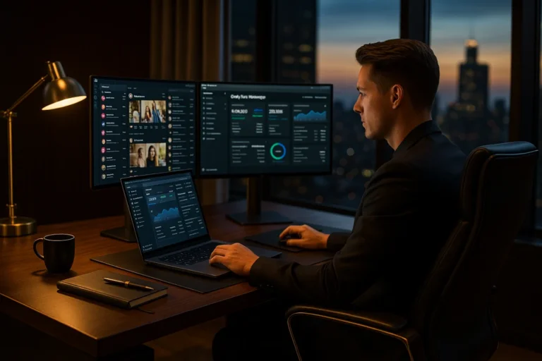 Manager OnlyFans Management haut de gamme travaillant sur deux écrans incurvés et un ordinateur portable dans un bureau moderne avec vue panoramique sur la ville au coucher du soleil