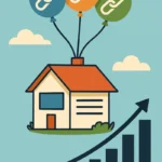 Illustration d’un petit site représenté comme une cabane qui s’élève grâce à des liens attachés comme des ballons