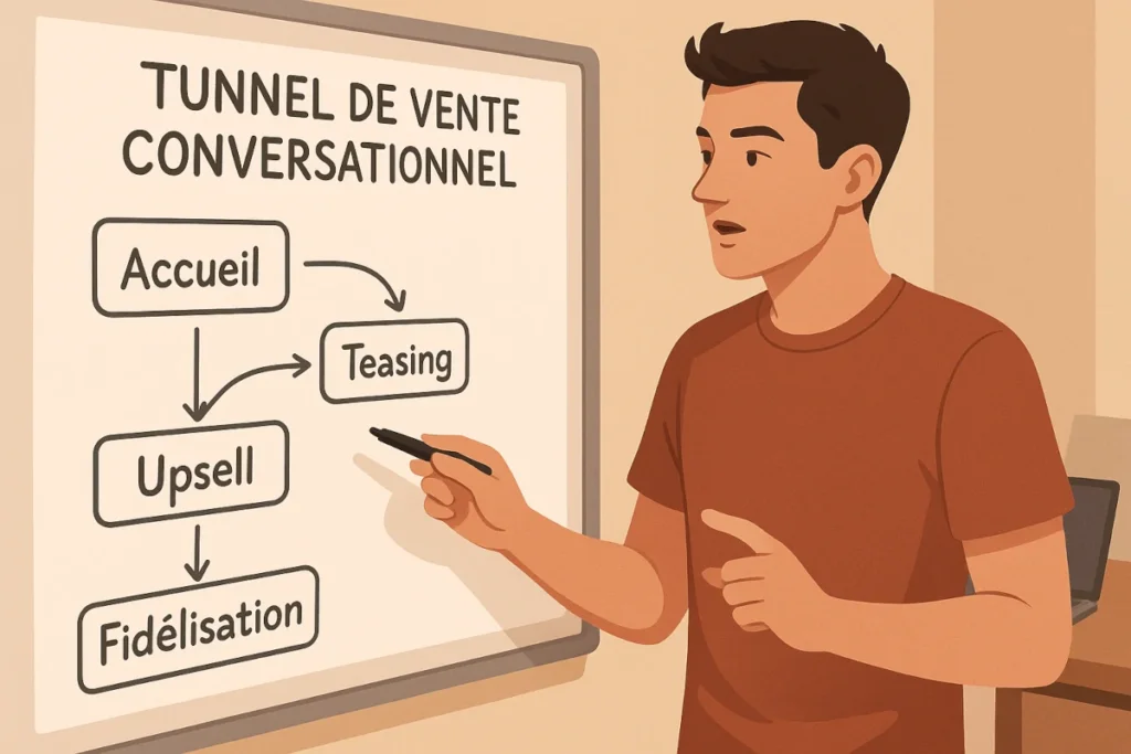 Créateur OnlyFans expliquant un tunnel de vente conversationnel sur tableau blanc