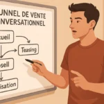 Créateur OnlyFans expliquant un tunnel de vente conversationnel sur tableau blanc