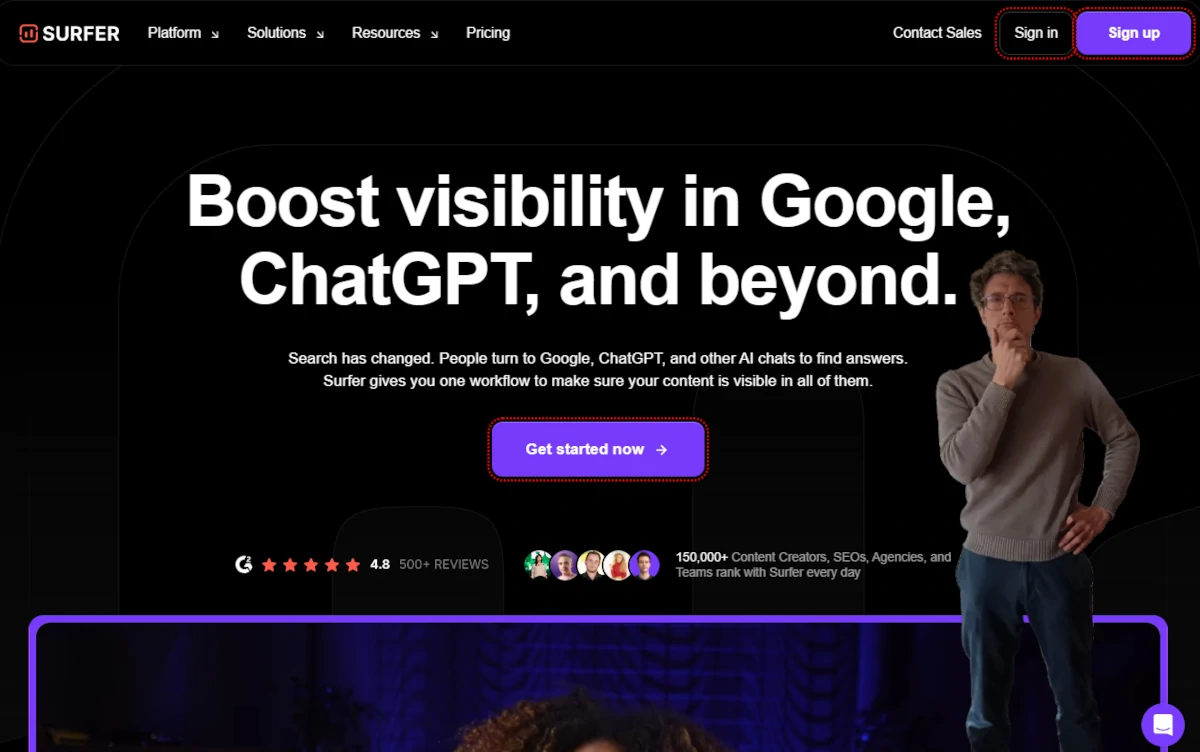 Page d'accueil du SAAS SurferSEO